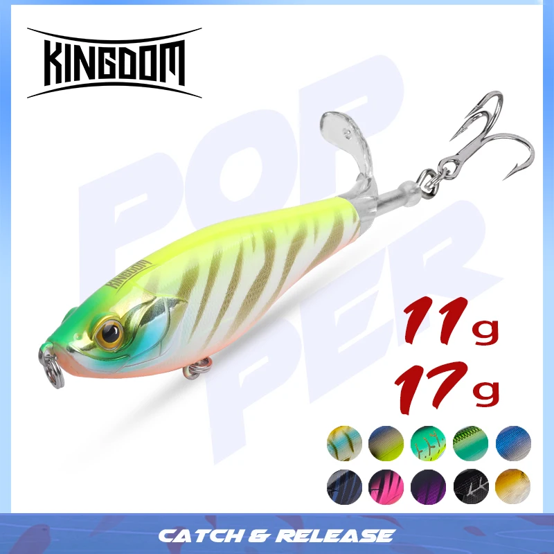 Kingdom Topwater-señuelo de pesca, 11g, 17g, 90mm, 110mm, Whopper Popper Artificial Plopper, cola giratoria suave, aparejos de pesca - imagen 2