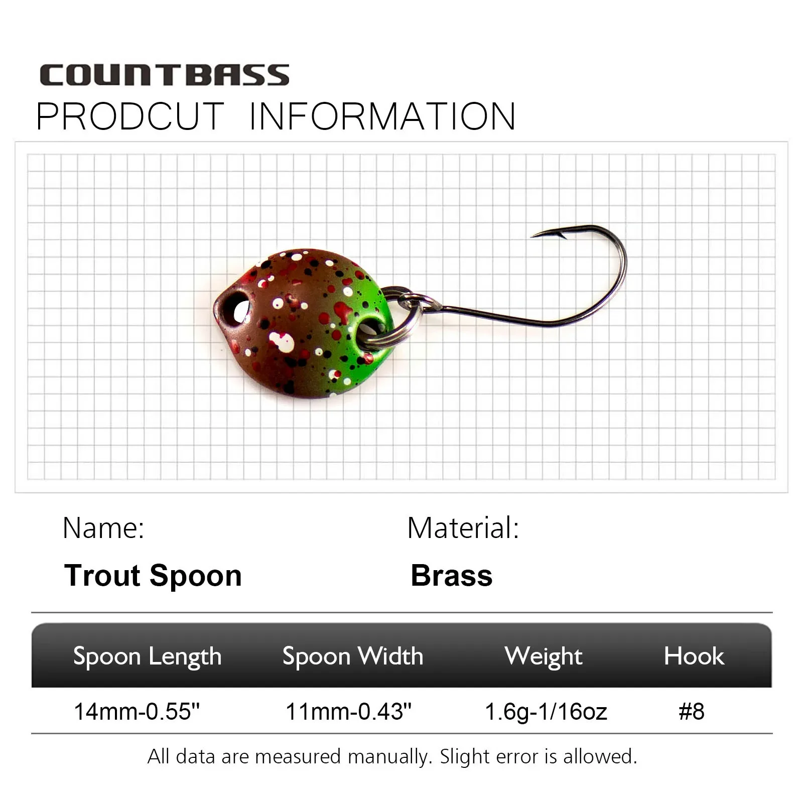 Countbass 6 uds cuchara de fundición 14x11mm, 1,6g, 1/16oz con un solo anzuelo coreano, Señuelos de Pesca, cebo para peces, trucha, Lucio, lubina, pescado - imagen 2