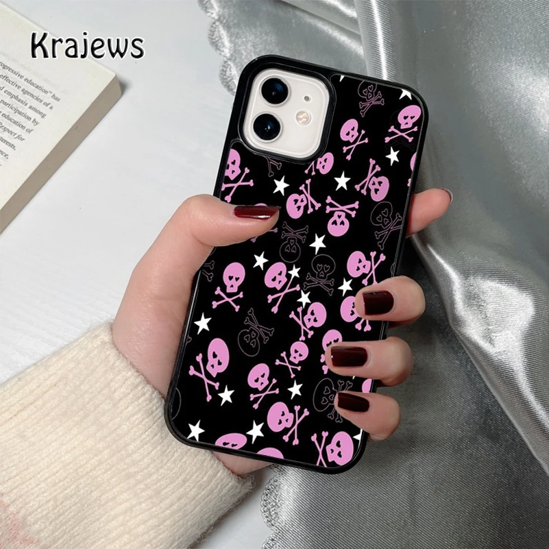 Krajews Funda iPhone rosa con calavera y huesos