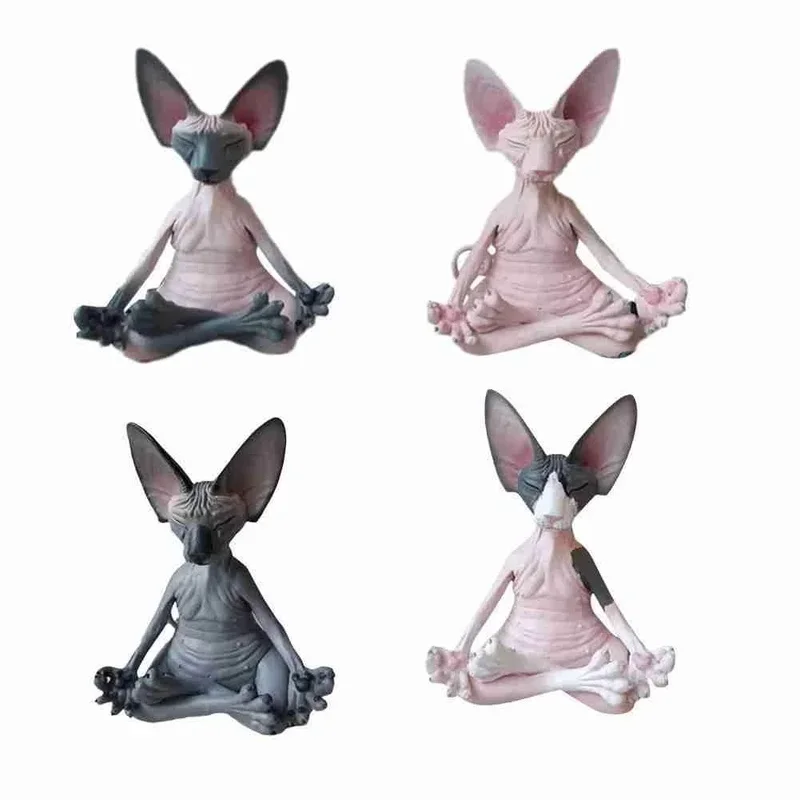 Figura Gato Sin Pelo Meditando Zen Escritorio Jardín - imagen 2