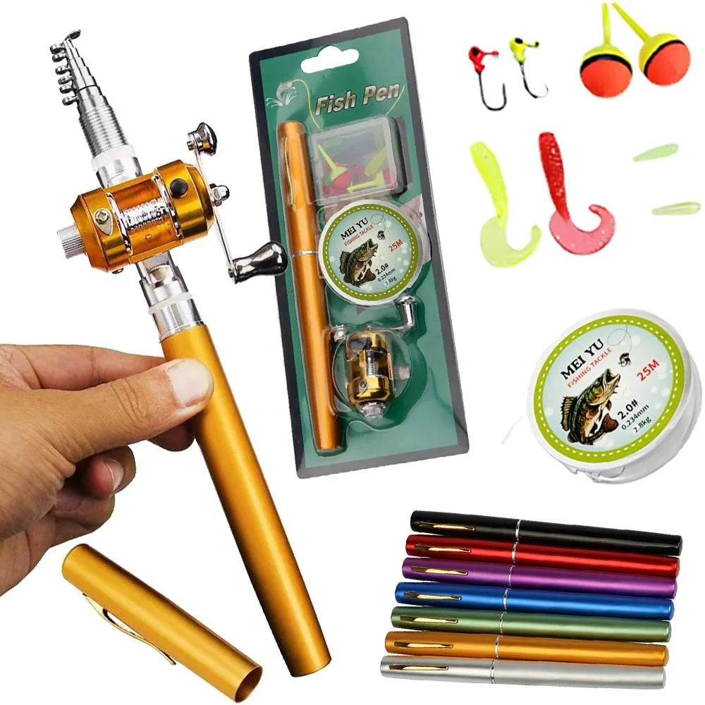 Kit de carrete de caña de pescar de bolsillo portátil de 96cm, Mini caña de pescar telescópica ultraligera con forma de bolígrafo, caña plegable + carrete + cebo + anzuelo, Kit completo - imagen 4