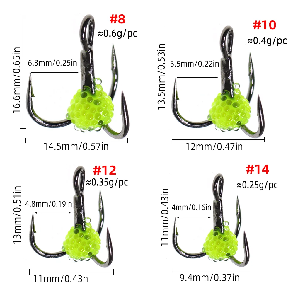 ICERIO 3 piezas/5 piezas # 8 # 10 # 12 # 14 anzuelos triples para Pesca en hielo, huevas de pescado UV realistas, Pesca de invierno, tipo de pez, lubina, Panfish, Señuelos de Pesca - imagen 3