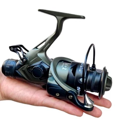 Carretes de pesca giratorios de doble freno delantero y trasero de carpa, carrete de línea Matel, herramientas de pesca, arrastre fuerte, relación de engranaje alta 5,5: 1 3000-6000