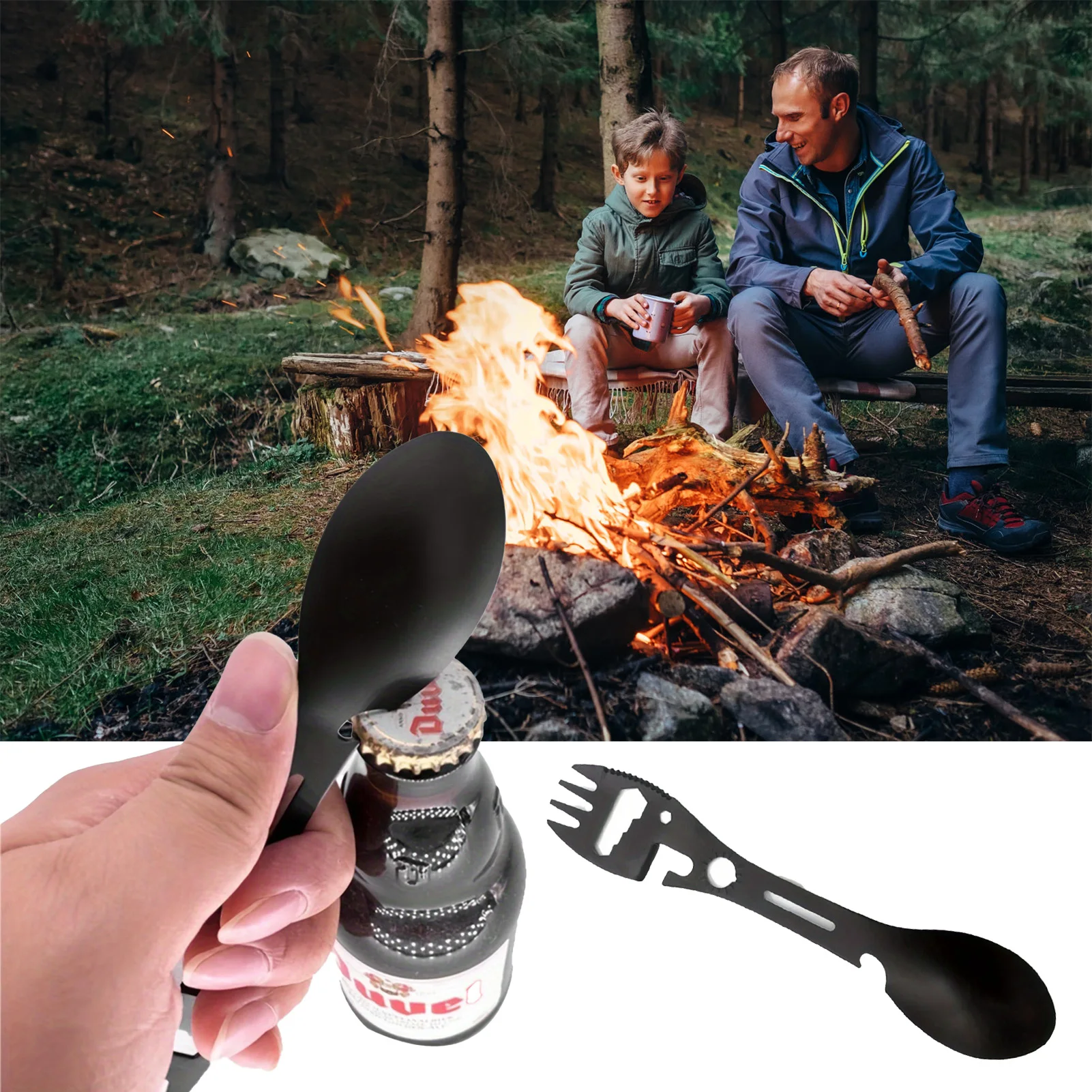 Cubiertos portátiles para exteriores, tenedor duradero de acero inoxidable, cuchara, tenedor multifuncional con abridor de botellas para acampar, Picnic, barbacoa