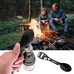 Cubiertos portátiles para exteriores, tenedor duradero de acero inoxidable, cuchara, tenedor multifuncional con abridor de botellas para acampar, Picnic, barbacoa