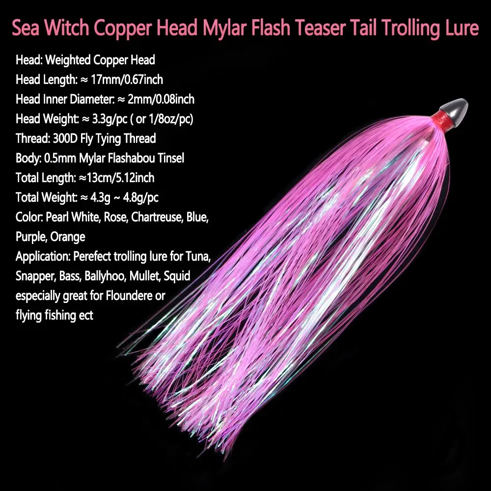 Bimoo 13cm/5,12 "cabeza de cobre de bruja marina Mylar Flash Teaser cola Trolling señuelo DIY atún pargo agua salada Ballyhoo Bass calamar Jigs - imagen 3