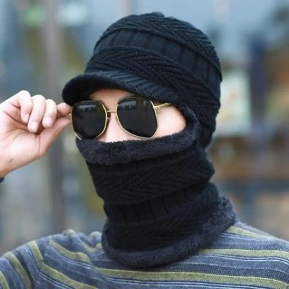 Nuevo Gorros de lana de hilo para hombre, gorros cálidos con anillo, bufanda con ala, gorros de invierno gruesos a prueba de viento, pasamontañas para ciclismo - imagen 2