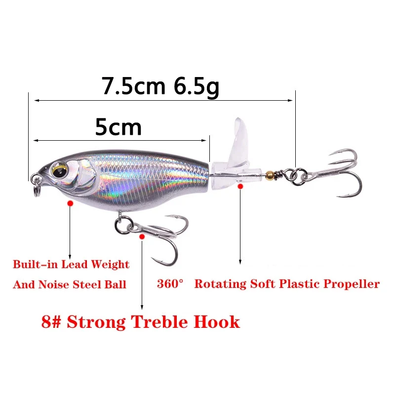 Whopper Plopper-señuelo de pesca de 75mm y 6,5g, cebo duro Artificial, cola giratoria suave, Wobblers, aparejos de pesca, 1 unidad - imagen 2