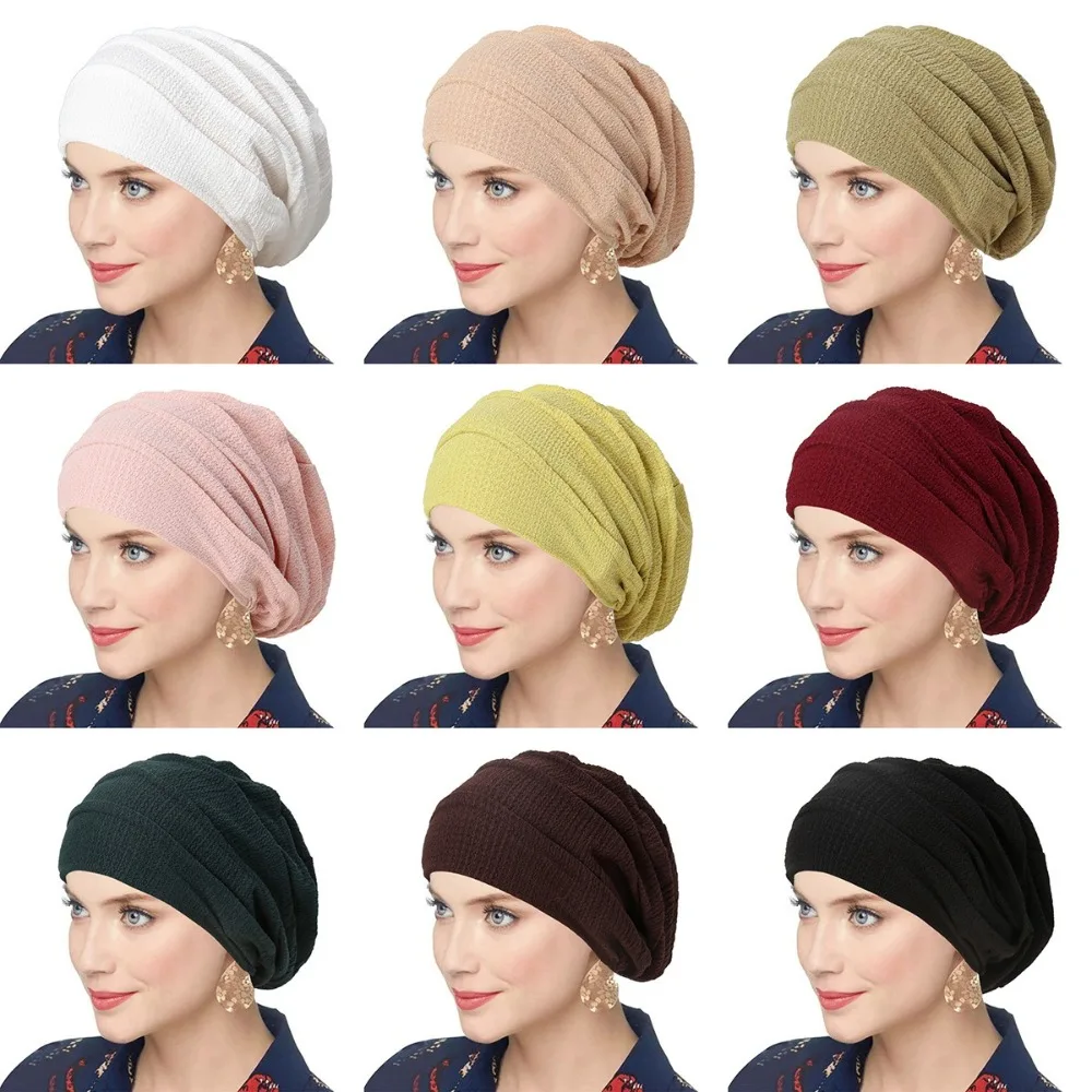 Moda Color sólido mujeres arrugado Hijab turbante poliéster elástico gorros holgados capó suave pañuelo para la cabeza
