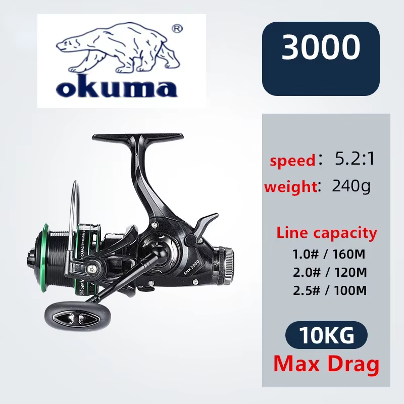 Carrete de pesca OKUMA de doble freno, relación de velocidad de arrastre 20Max 5,2: 1/14 + 1BB, rueda giratoria de copa de alambre totalmente metálico 3000-6000 - imagen 3