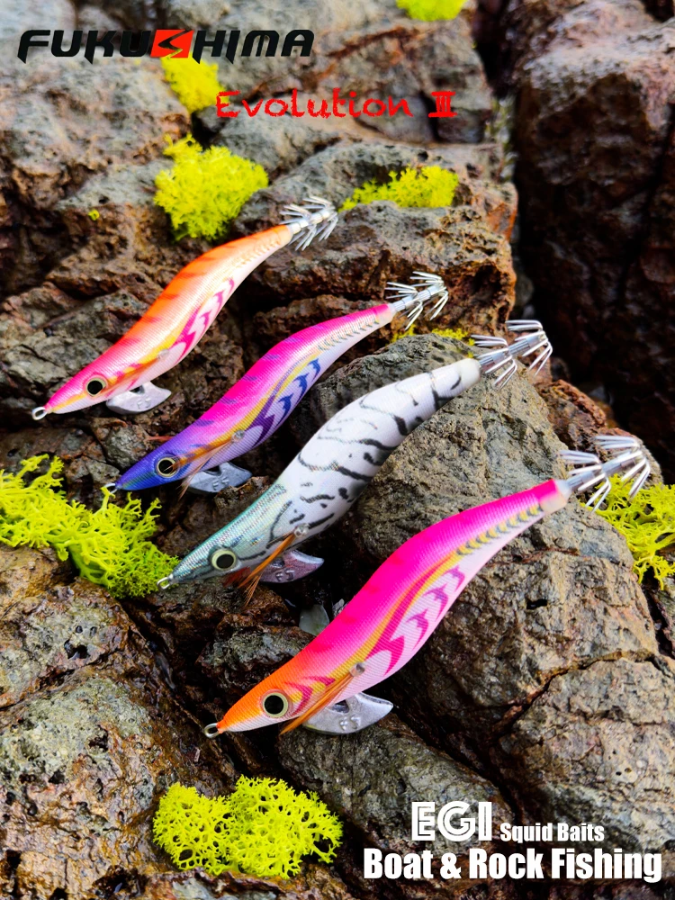 FUKUSHIMAZEECK3.5 plantilla de calamar evolucción EGI señuelo pesca madera SHRIMP BAIT FLASH cuerpo ojos y cola brillante ganchos 21 gramos EBI-SOUND