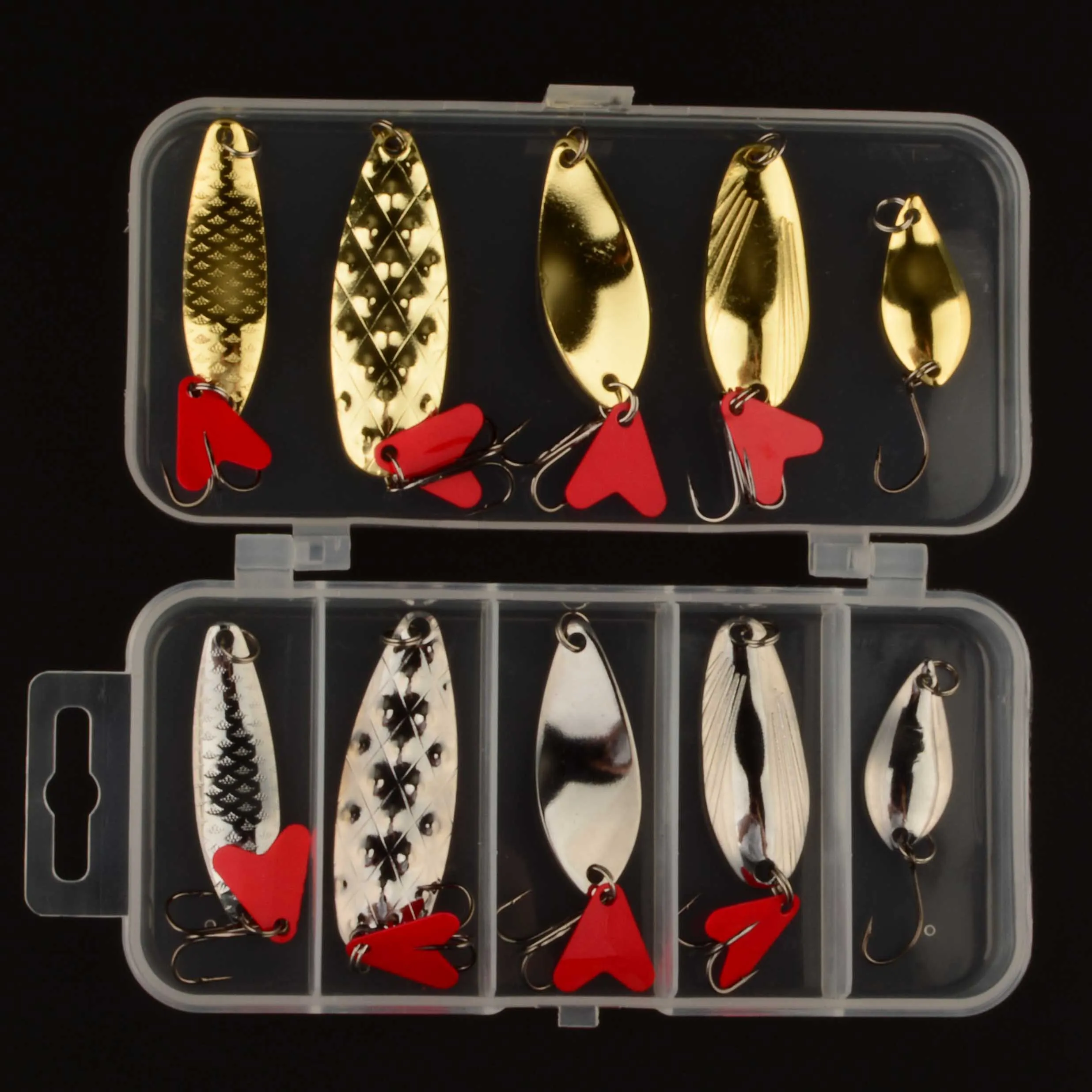 10 Uds plantilla de Metal cuchara Spinner señuelo de pesca Wobbler juego de cebo con caja de aparejos de pesca Kit para juego de cebo de señuelo de pesca