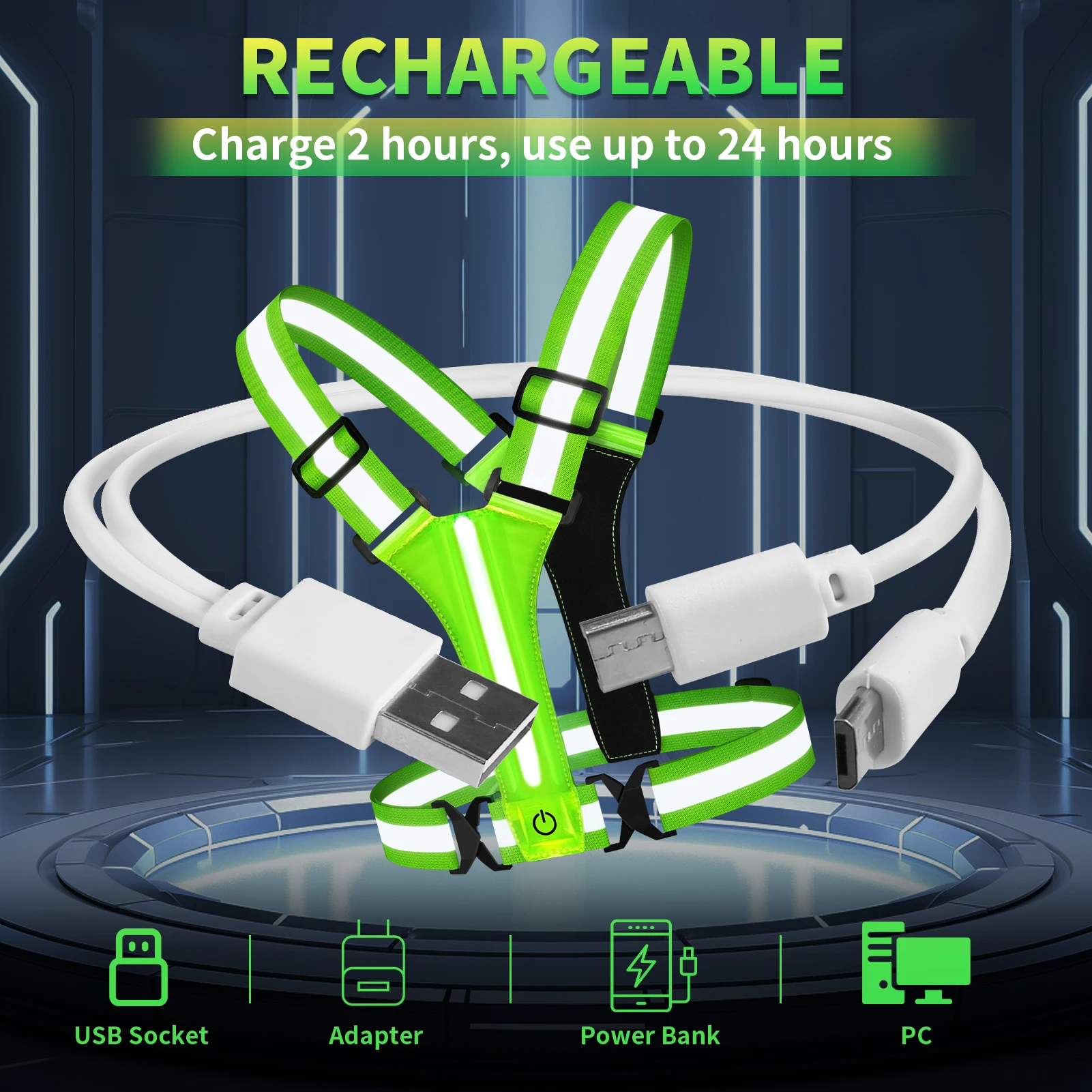 Chaleco reflectante LED ajustable, equipo para correr, luces para corredores, chaleco con luz LED recargable por USB, alta visibilidad - imagen 3