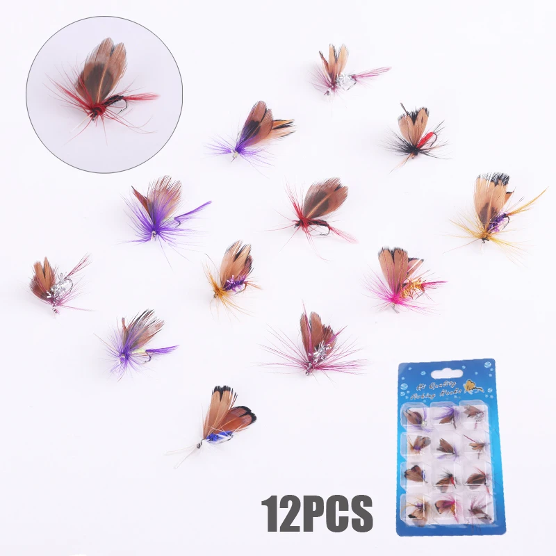 12 unids/set señuelo de pesca Artificial mantequilla moscas insectos cebo gancho de acero alto en carbono aparejos de pesca para pesca trucha manivela gancho