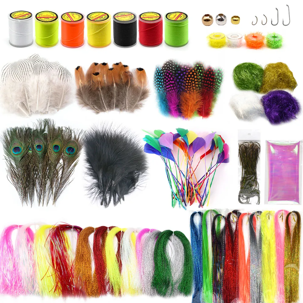 MNFT-Kit de Material para atar moscas para principiantes, hilo de piel de plumas, ganchos de línea de destello de cristal, materiales para atar moscas, Kits de inicio - imagen 2