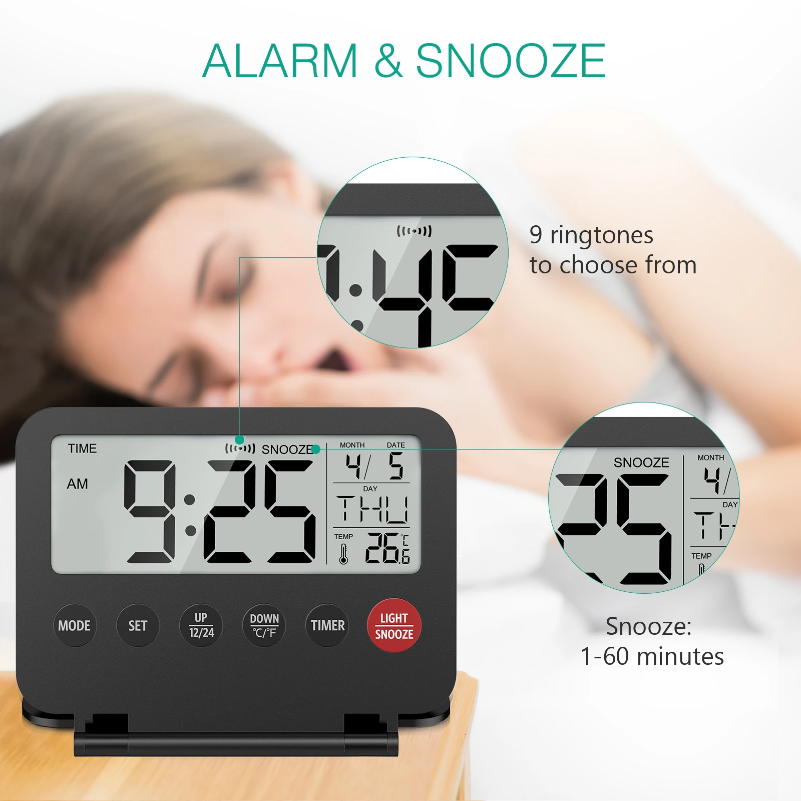 Reloj despertador digital plegable ORIA – LCD compacto para viajes - imagen 4