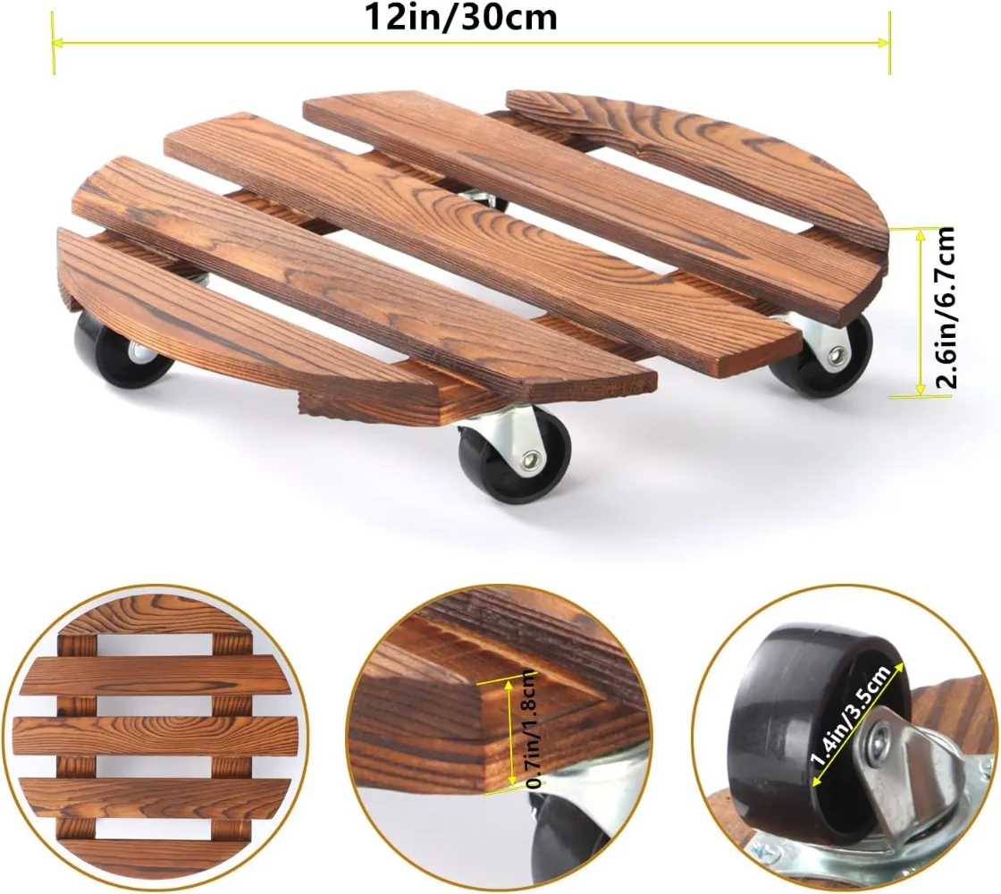 Carrito de plantas con ruedas, soporte para plantas rodantes, bandejas para macetas redondas de madera de alta resistencia de 220LB con Meta Wheels de 360 °, plataforma rodante para macetas de flores - imagen 5