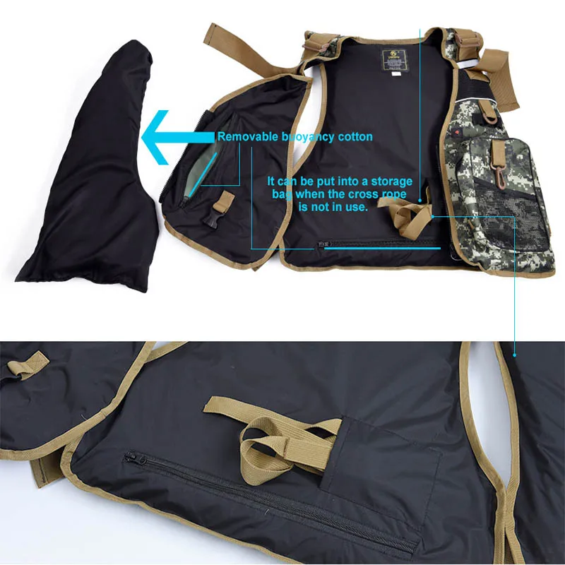 Chaleco salvavidas de camuflaje al aire libre, chaleco de flotabilidad, chaleco salvavidas de pesca con señuelo, traje de pesca con mosca, Chaleco de equipo de pesca - imagen 4