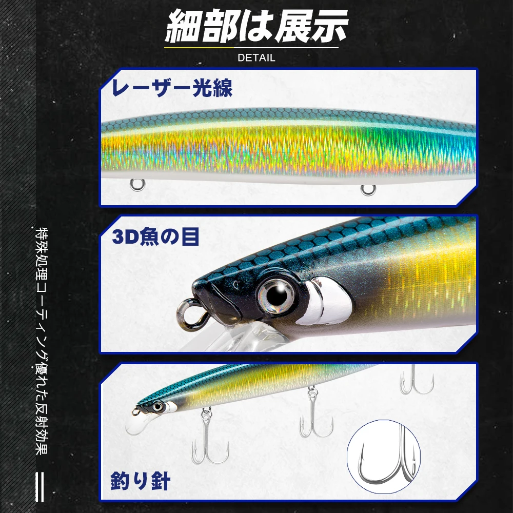 D1-señuelo flotante para pececillos, Wobbler de 163mm/32g, silencioso, para pesca en el mar, agua salada, Jerkbait, giratorio para lubina, trucha, señuelo duro, productos de pesca