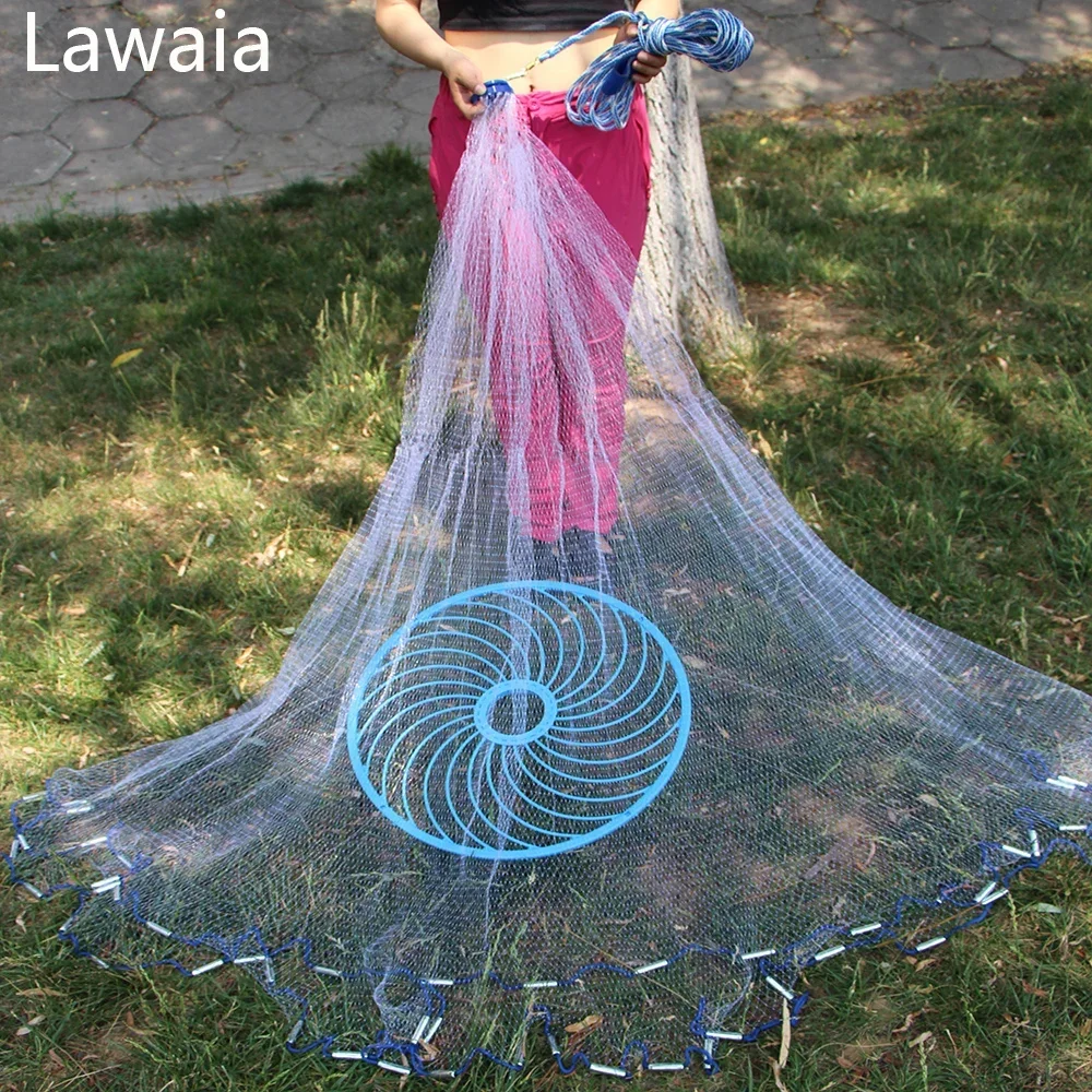 Red de pesca Lawaia, red de lanzamiento manual con plomos de hierro, monofilamento, red fundida de nailon, anillo azul, equipo de pesca - imagen 4