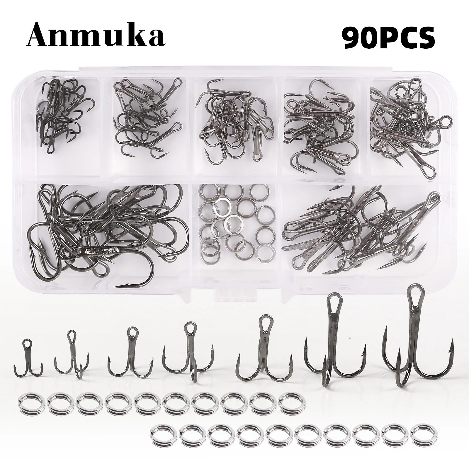 Accesorios para señuelos, incluye modelos de diferentes tamaños, anzuelo triple y anillo dividido, anzuelos afilados con púas, aparejos de pesca par, 90 unidades