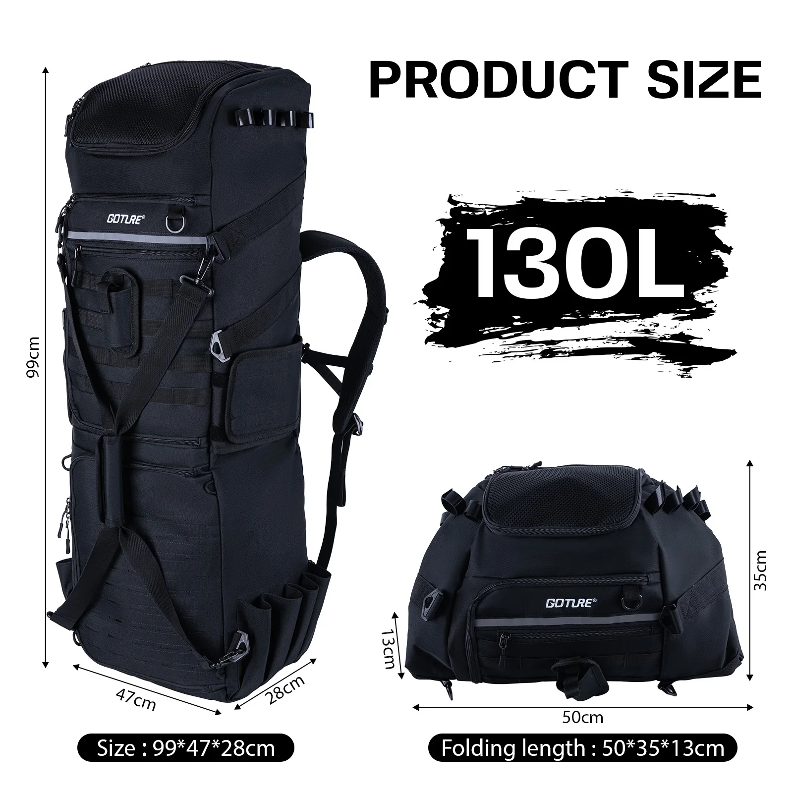 Goture Mochila de pesca de gran capacidad de 130L con 8 soportes para caña de pescar, bolsa de almacenamiento plegable para aparejos de pesca al aire libre para pescadores - imagen 3