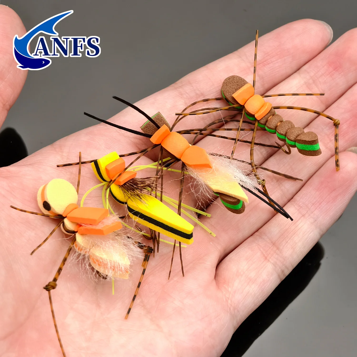 ANFS 4 unids/caja tolva de hierba señora araña espuma moscas secas pesca con mosca flotante espuma sándwich Hoppers Señuelos de pesca para Lucio, lubina - imagen 5