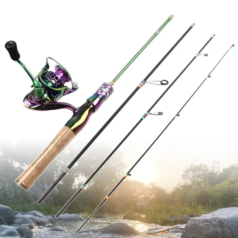 Caña de pescar con señuelo micro colorida, fibra de carbono telescópica portátil con carrete, todas las aguas, agua dulce, agua salada, Universal - imagen 3