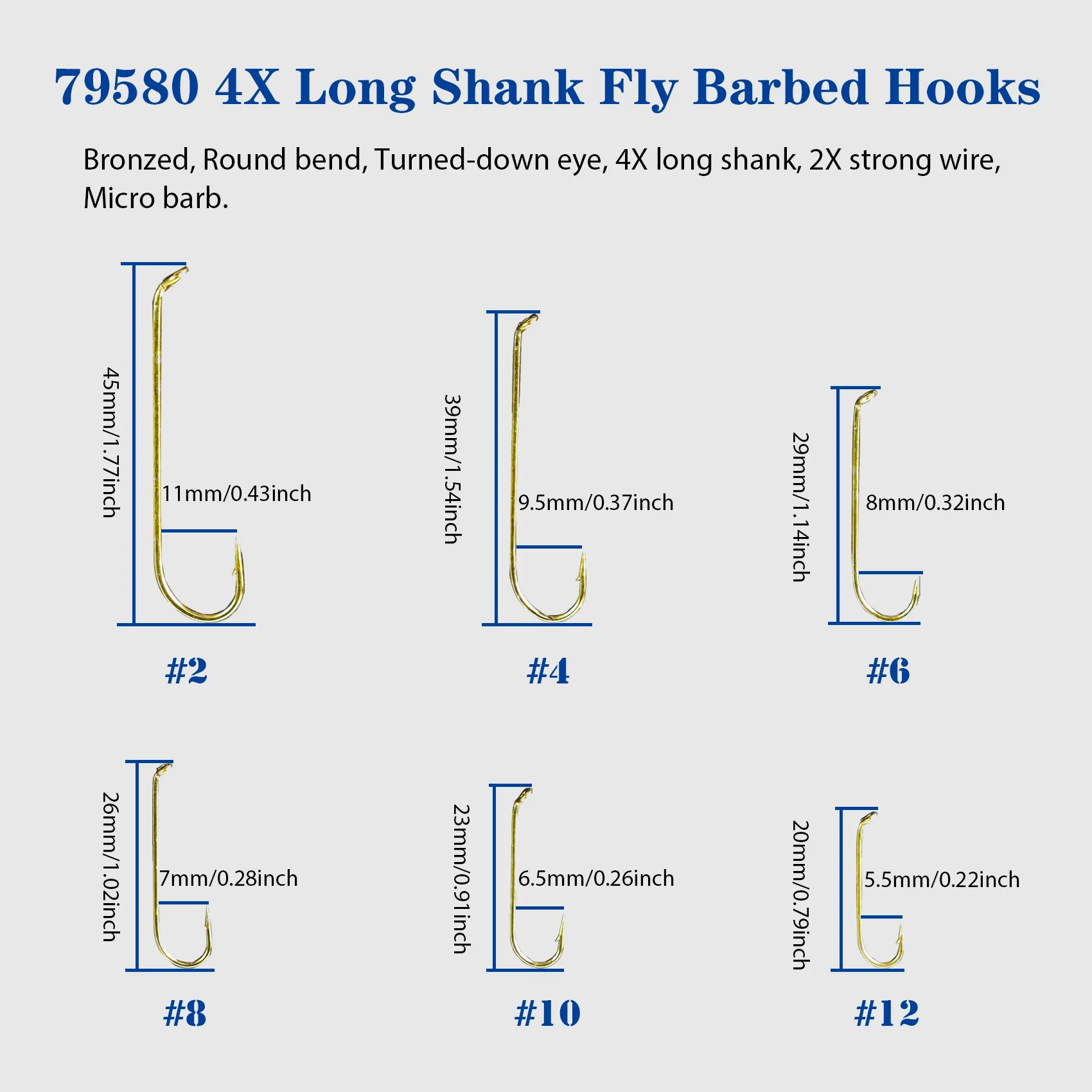 Aventik EP-79580 5 anzuelos largos para atar moscas para ninfas y serpentinas, bronce, curva redonda, 2 anzuelos de pesca de alambre fuerte - imagen 2
