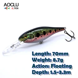 AOCLU Crankbait Wobblers 70mm 8,7g sábalo flotante cebo duro Minnow profundidad 1,5-3,3 m señuelo de pesca anzuelos VMC 6 colores calidad de aparejos