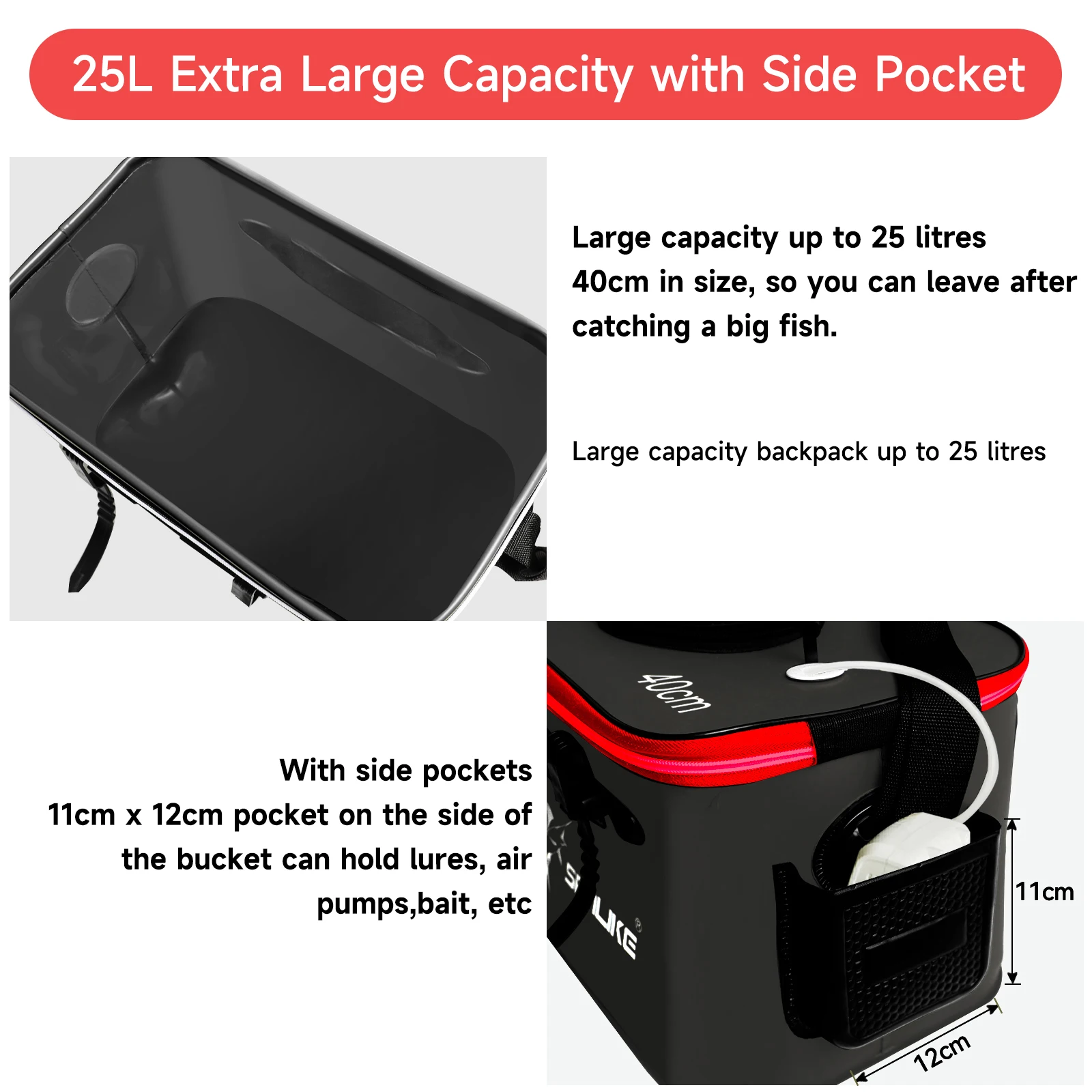Cubo portátil EVA negro para peces vivos con cremallera transpirable - imagen 5