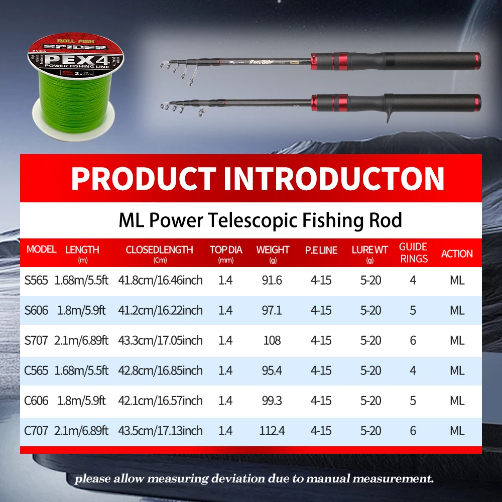 ROLLFISH-caña de pescar telescópica de fibra de carbono, asiento de carrete con sonido, ultraportátil para viajes/bajo/pesca de trucha + línea de PE de 100M gratis - imagen 3