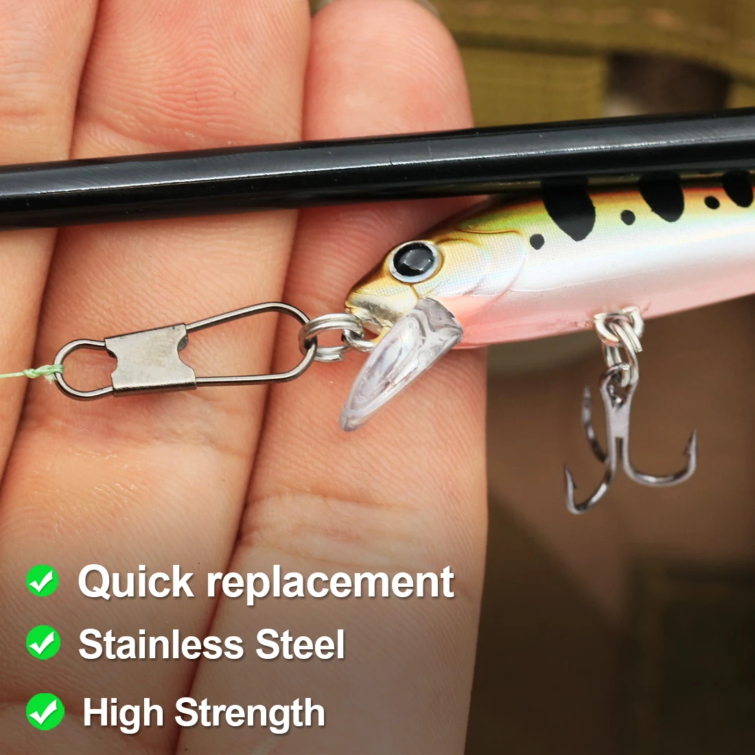 FishTrip-Clip de pesca entrelazado, 100 Uds., conector de pesca de acero inoxidable rápido, aparejos terminales - imagen 5