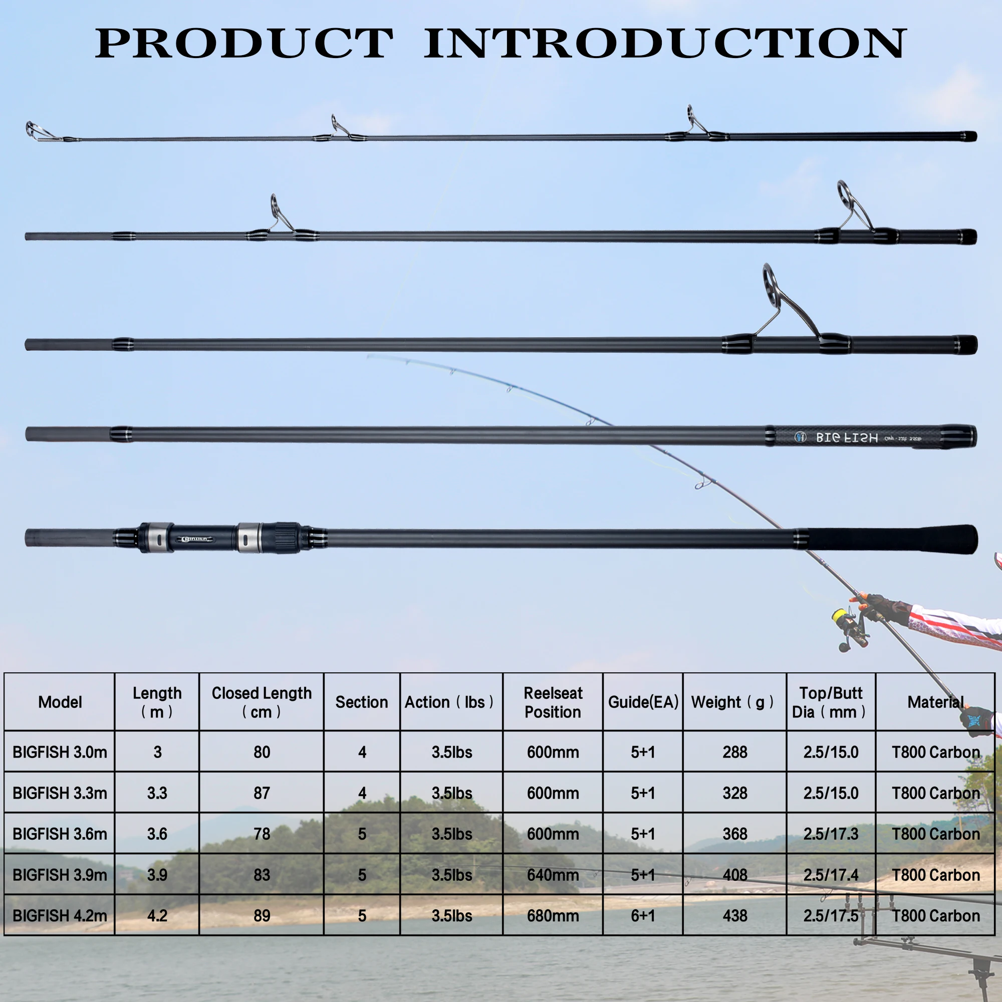 BIUTIFU BIGFISH caña de pescar de carpa 4,5/4,2/3,9/3,6/3,0 m T800 carbono 3,5 libras lanzamiento 40-200g viaje Surfcasting caña dura giratoria - imagen 2