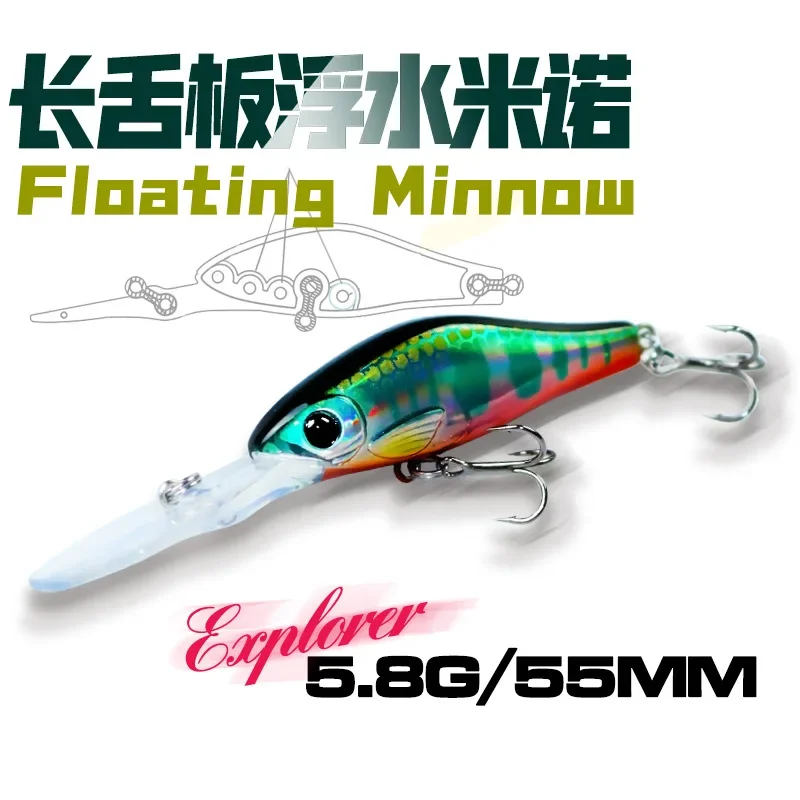 Crankbait flotante de 55mm y 5,8g, cebo duro para pececillos, manivela de buceo profundo, profundidad de 0-3m, señuelo de pesca, aparejos de anzuelo de fundición larga, 1 ud. - imagen 3