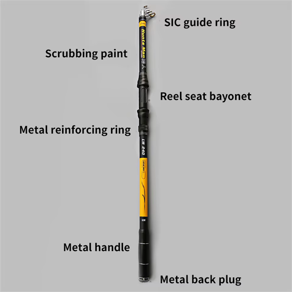 Una caña de pesca de alta calidad con características esenciales como el anillo de refuerzo de metal de guía SIC, bayoneta de asiento de carrete, mango de metal y tapón posterior de metal