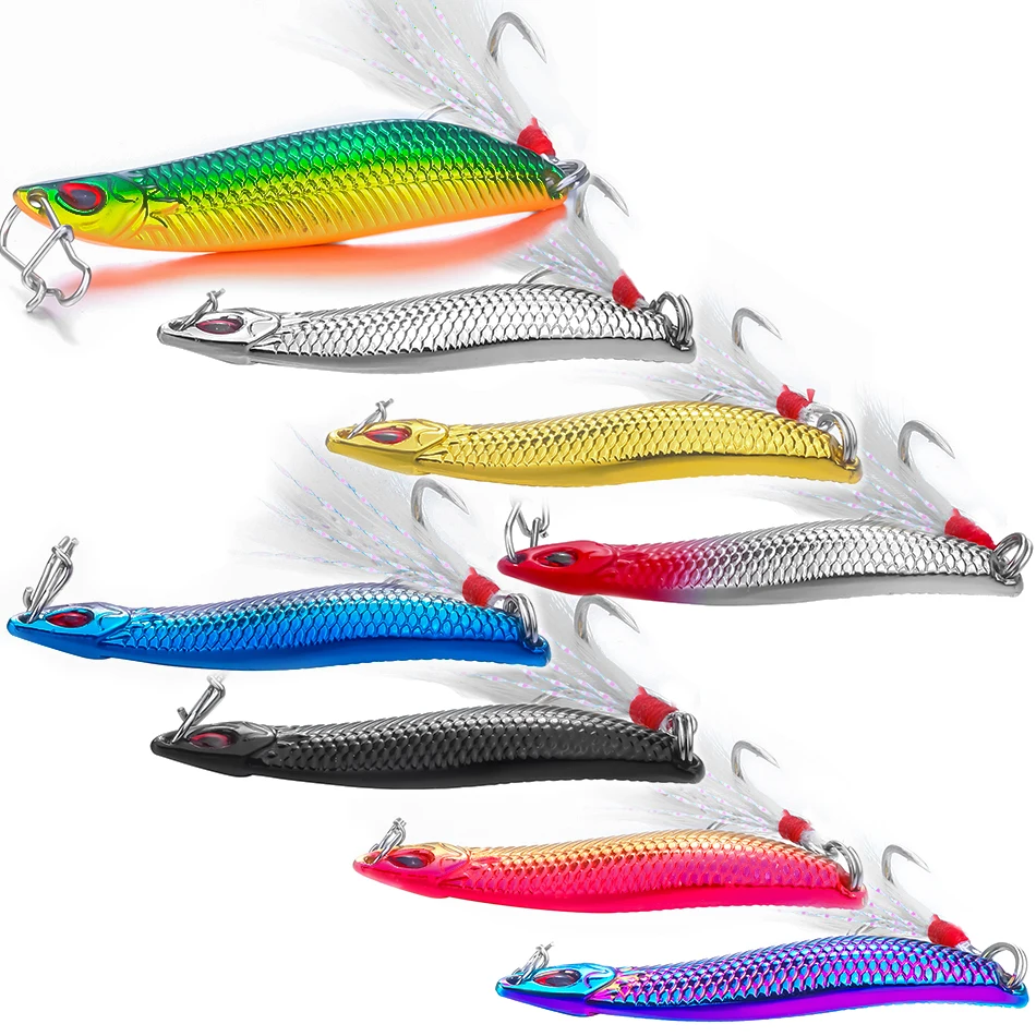 Señuelos de cuchara giratorios de Leech VIB de Metal, cebo Artificial con gancho de pluma, aparejos de pesca nocturna para perca de Lucio, 10g, 15g, 20g, 8 piezas - imagen 5