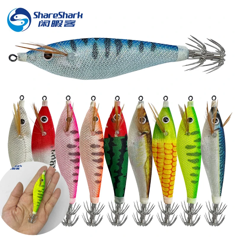 Camarón Horizontal de envoltura luminosa, anzuelo de calamar y camarón de madera de 10cm, cebo redondo para camarones y vientre, cebo falso