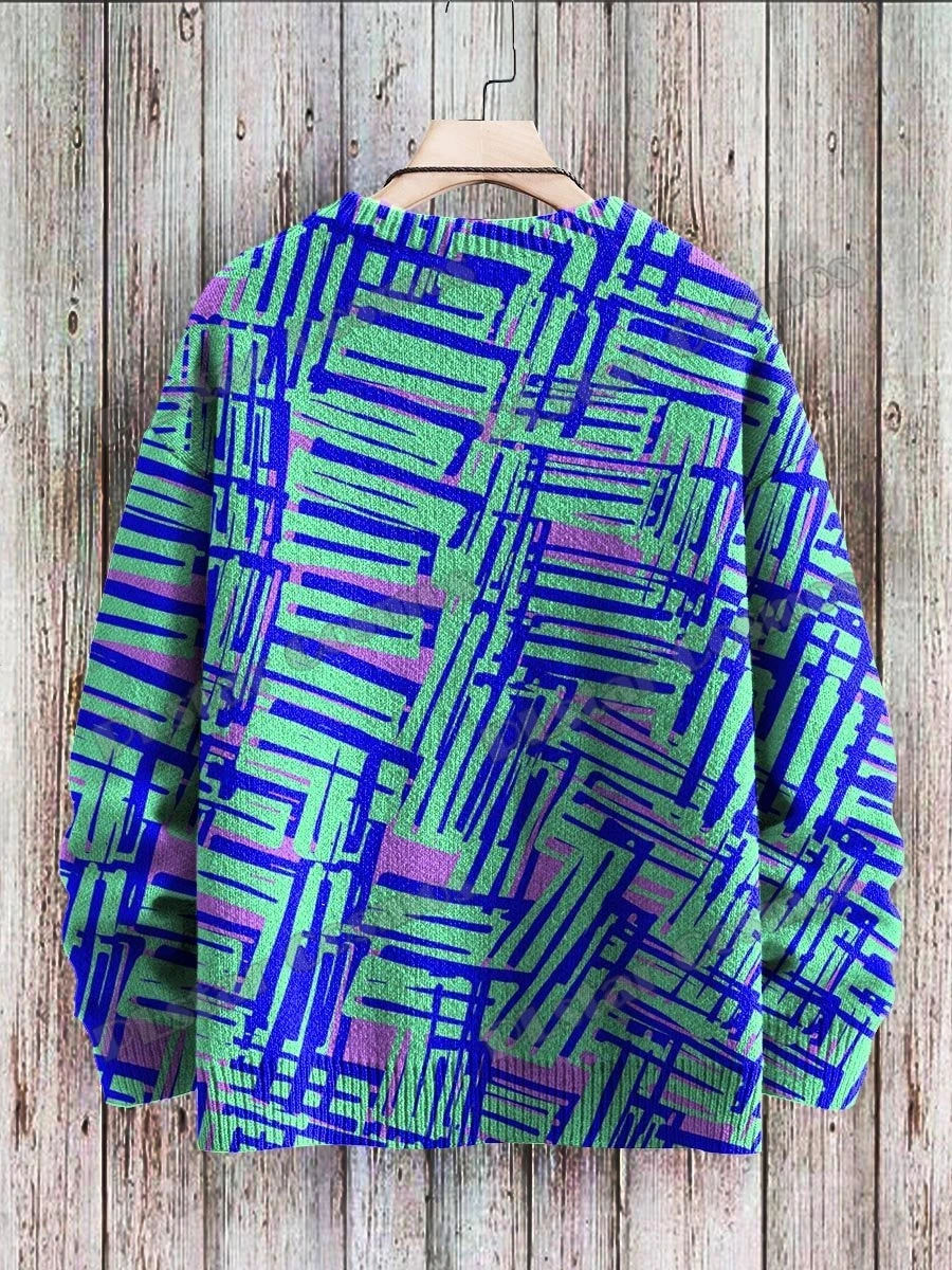 Jersey de punto informal Unisex de invierno, suéter azul de moda con patrón geométrico artístico, suéteres de punto con cuello redondo impresos en 3D KMY19 - imagen 4