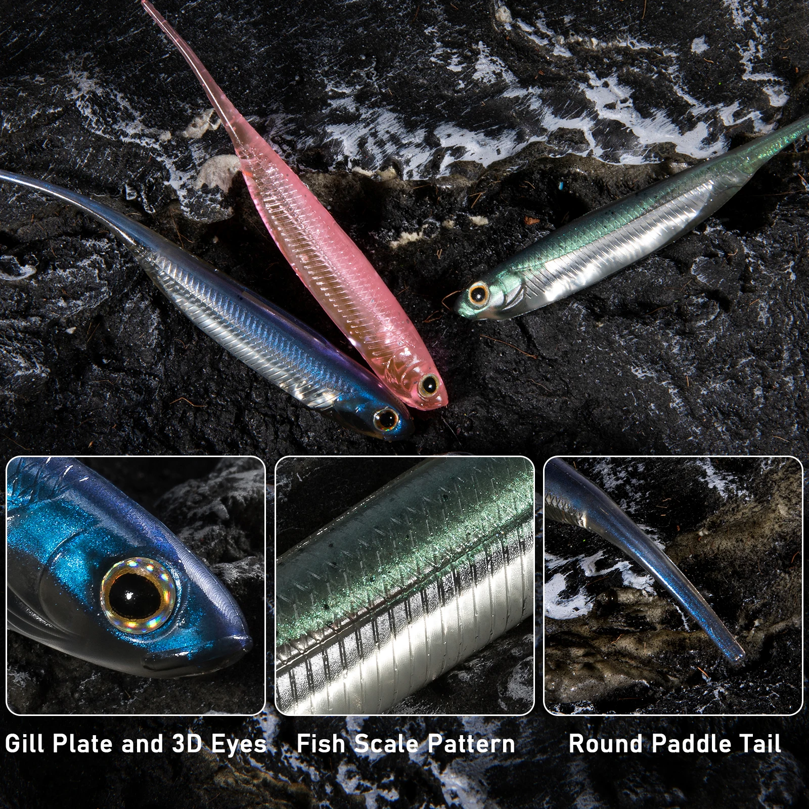 Dr.Fish-Señuelos de pesca de plástico blando, cola de aguja de agua salada, cebo suave de silicona, sábalo, cebo de gusano, Swimbaits, lubina, trucha, 80mm, 6 uds. - imagen 5