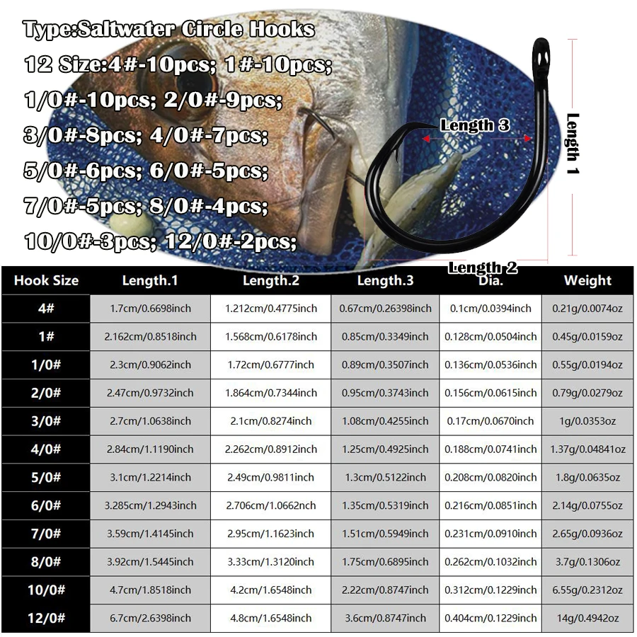 Anzuelos circulares compensados negros para anzuelo de pesca de atún de agua salada Big Game 4 # 1 # 1/0 # 2/0 # 3/0 # 4/0 # 5/0 # 6/0 # 7/0 # 8/0 # 10/0 # 12/0 # - imagen 4