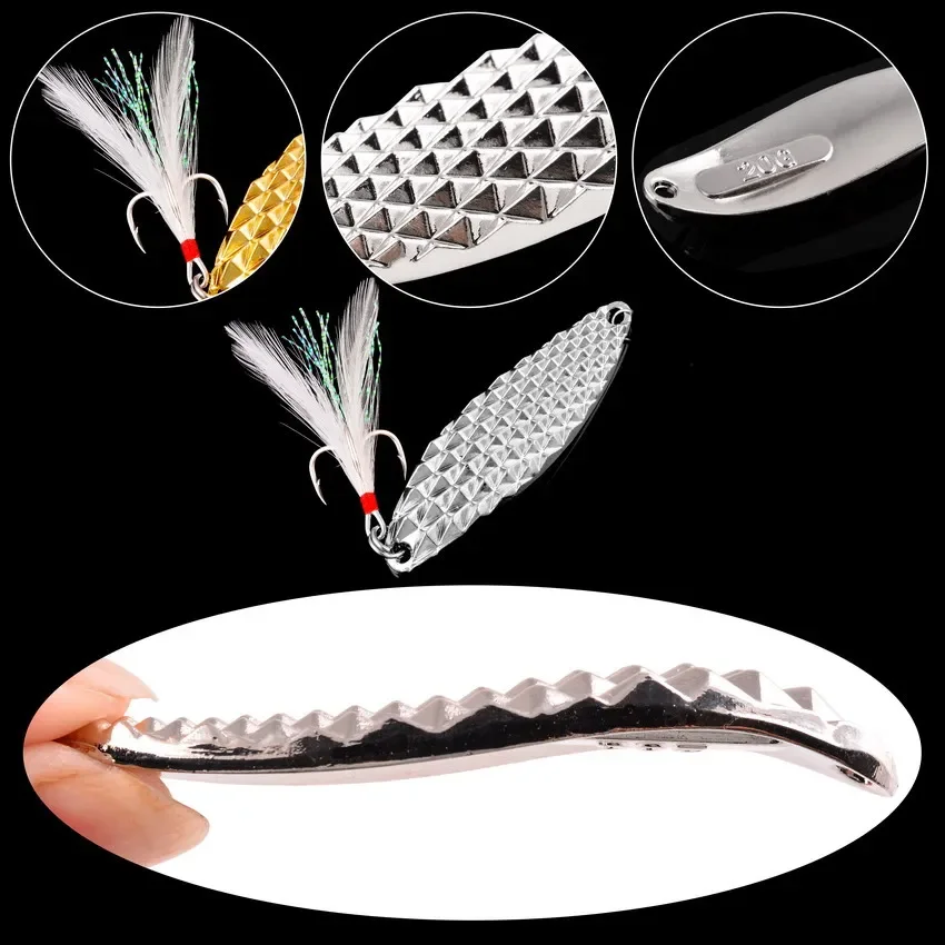 Juego de señuelos giratorios de Metal para pesca, Set de señuelos de 21 piezas, 10g-25g, Kit de cuchara, señuelo giratorio de pesca, lentejuelas, plumas, anzuelos triples, aparejos de pesca, cebo duro - imagen 4