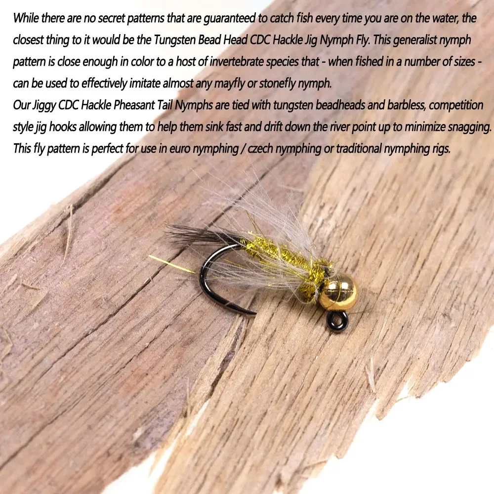 Bimoo 6 piezas # 12 cabeza de cuentas de tungsteno CDC Hackle Jig Ninfa Fly Pheasant Tail hundimiento rápido húmedo Euro Ninfa mosca trucha Señuelos de pesca - imagen 4
