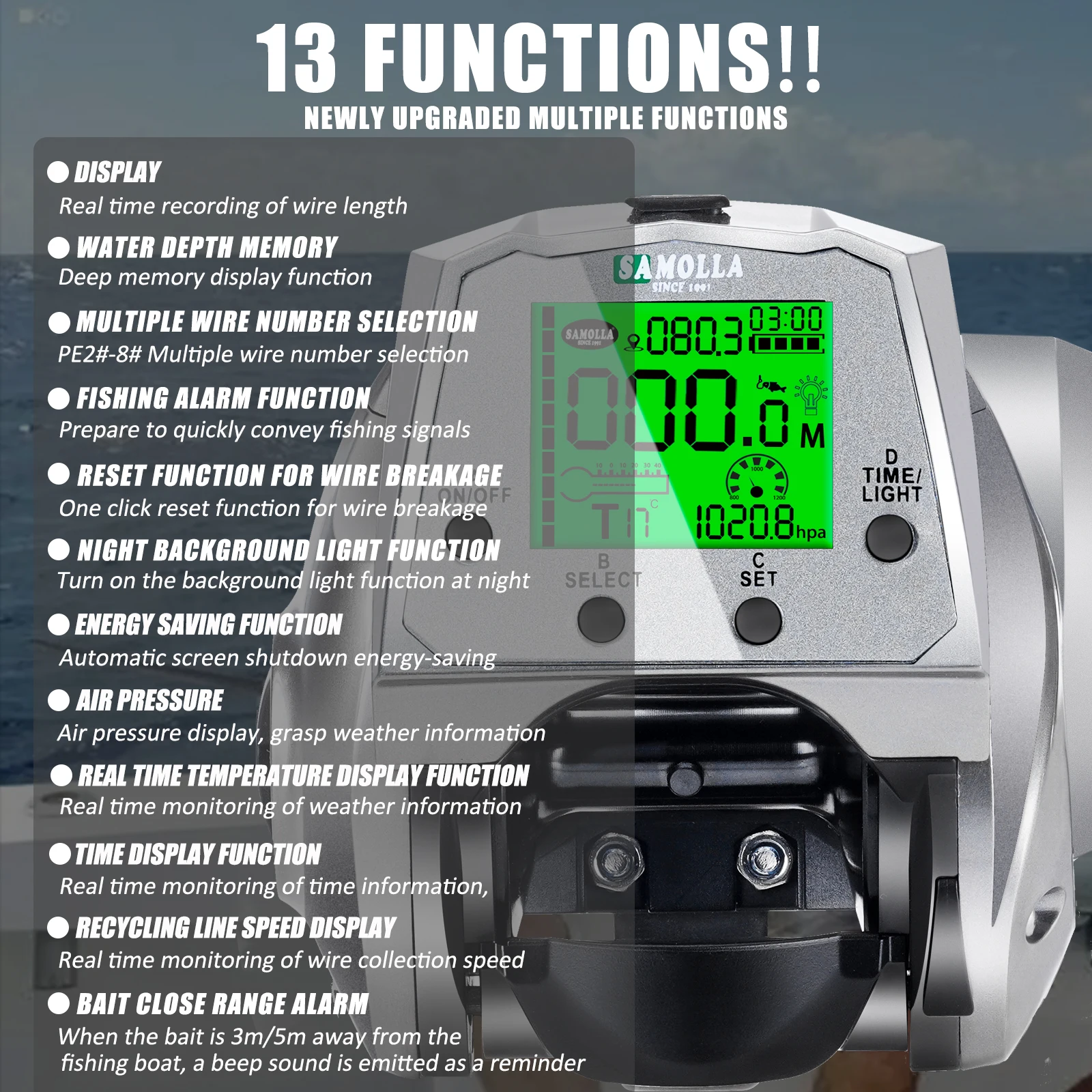 SAMOLLA, nuevo carrete de pesca electrónico de cuerpo ancho, carga Usb, pantalla grande, temperatura/presión de aire, carrete de Baitcasting - imagen 2