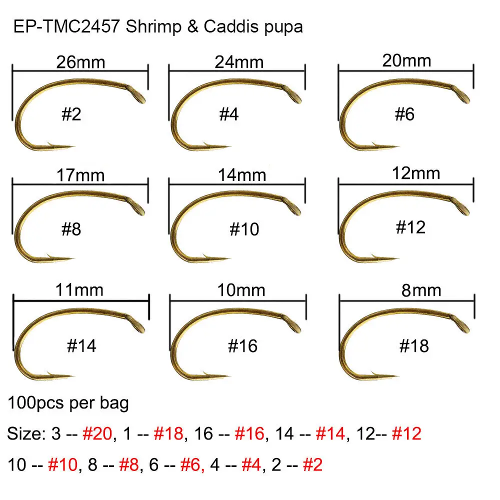 Eupheng-anzuelos de pesca con mosca, 100 piezas, EP-TMC-2457, gambas, Caddis, Pupa - imagen 2