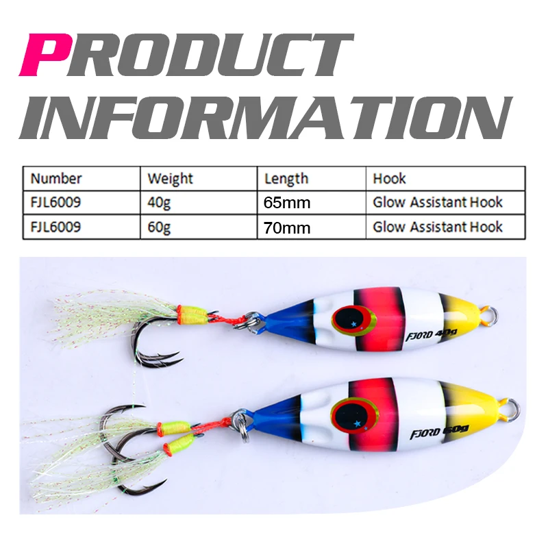 FJORD 40g 60g plantilla de Metal Señuelos de Pesca de Mar cebos duros falsos que brillan en la oscuridad con anzuelo asistente accesorios de pesca aparejos de equipo - imagen 3