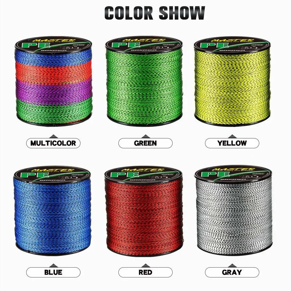 Colorida línea de pesca trenzada multicolor en amarillo verde, azul, rojo y gris