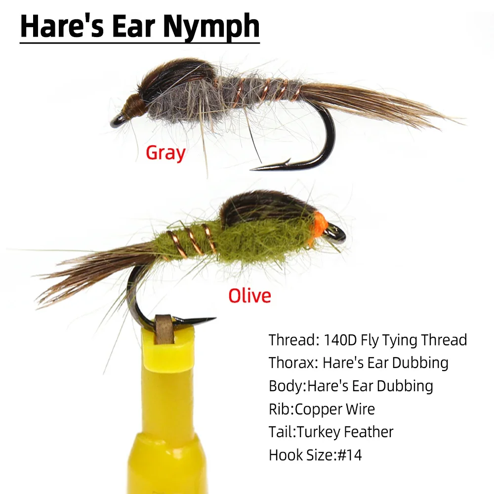Wifreo 8 piezas de gancho para atar moscas con púas y moscas secas de ninfa de oreja de liebre # 14 cebos para insectos artificiales, señuelos de pesca para trucha, Gryling Bluegill - imagen 3