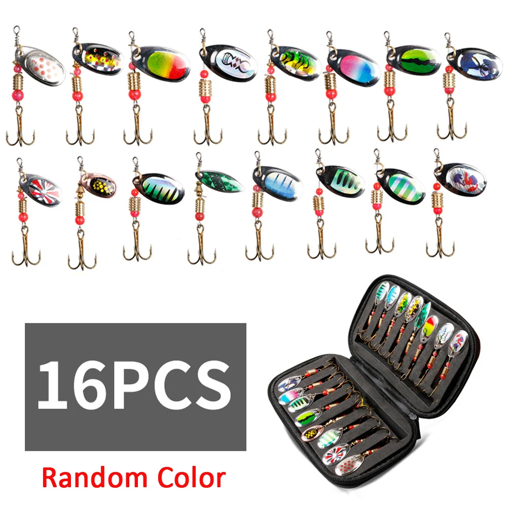 Juego de Spinner de Metal con anzuelos triples de plumas, bolsa de señuelo EVA, trucha, lubina, salmón, Lucio, cuchara, Combo, Kit de Spinner de pesca con bolsa, 16 Uds. - imagen 4