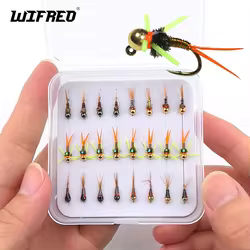 Wifreo 24 piezas # 16 cabeza de cuentas ranuradas Jig Ninfa mosca anzuelo de púas hundimiento rápido Euro moscas Ninfa húmeda trucha Steelhead Señuelos de pesca